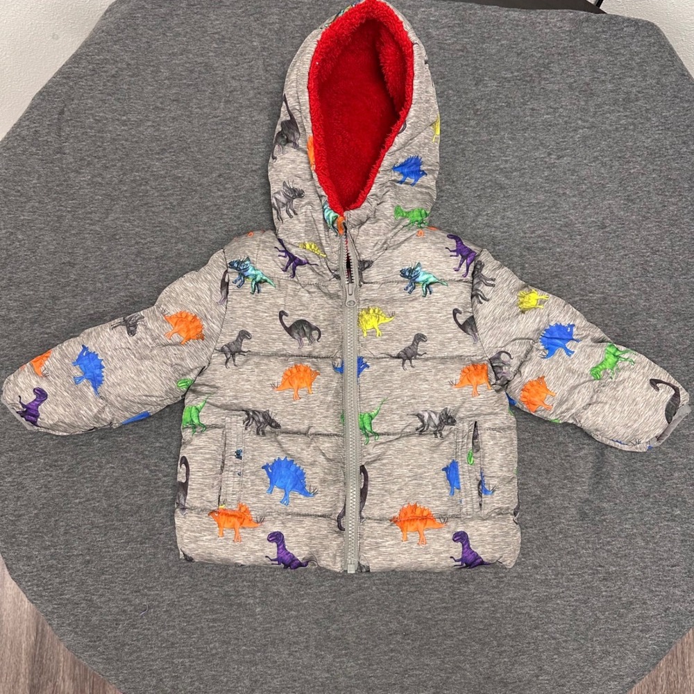 Kids Puffer Jacket Dinosaur Print Hooded Red Fleece Lined Swiss Tech 12 Months